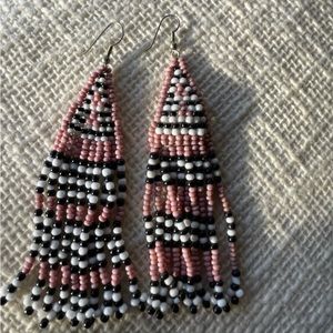Pink, white & black striped fringe seed bead 4”+ earrings
